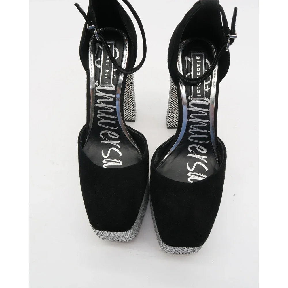 Gianni Bini Rhinestone Platform Heels Black Suede Block Heel Ankle Strap Pumps 8